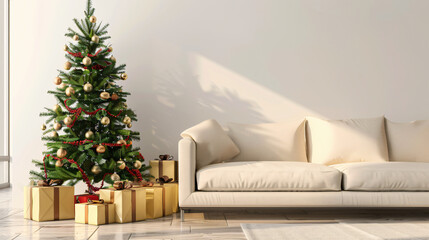 Wall Mural - Decorated christmas tree with gift boxes standing in a bright living room next to a white sofa