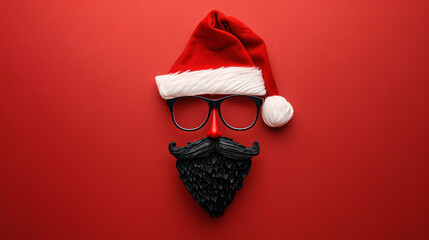 Poster - Christmas celebration concept made with funny santa claus face from black hipster moustache, glasses and santa hat on red background with copy space