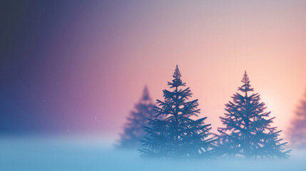 Poster - Conifers silhouetted against a colorful sunset sky emerge from a dense fog