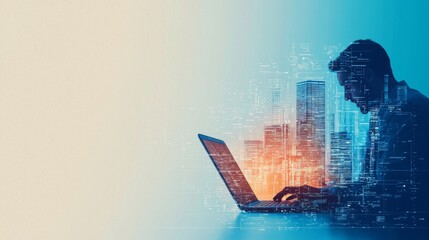 A professional working on a laptop with a cityscape overlay, symbolizing innovation and technology in the digital age.