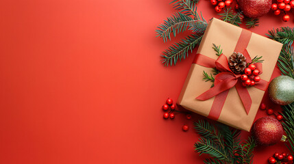 Poster - Christmas gift box decorated with a red ribbon, fir branches and ornaments is lying on a red background