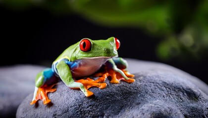 colorful red eyed tree frog sitting on a rock in its natural environment