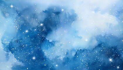 Canvas Print - blue watercolor space background with white dust particles and star glitters