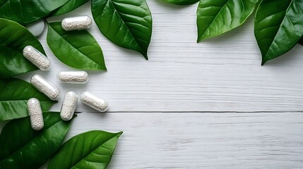 Aufkleber - Supplements and vitamins capsules with green plant leaves on white wooden table copy space Natural organic supplements healthy lifestyle concept : Generative AI