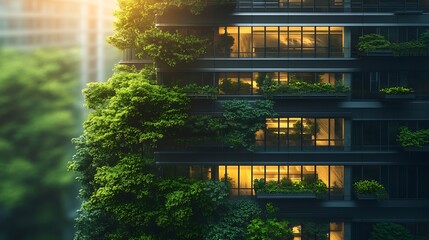 Wall Mural - Ecofriendly building in modern city Sustainable glass office building with trees for reducing CO2 Green architecture Building with green environment Sustainability corporate Net zero e : Generative AI