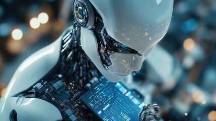 Poster - A robot's central processing unit (CPU) in a detailed close-up, with focus on the data pathways and microprocessors.