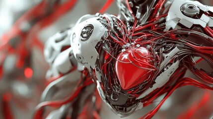 Poster - A robot's circulatory system with focus on the metal veins and synthetic heart, showcasing fluid dynamics.