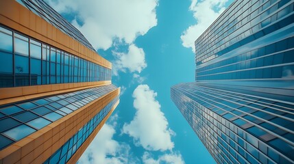 Wall Mural - Urban City Skyline Architecture Looking up on Sunny Summer Day with Blue Sky and Clouds Commercial Real Estate Growth Horizontal Perspective : Generative AI