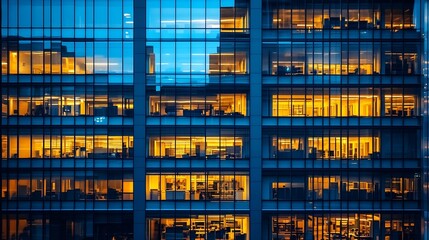 Wall Mural - Pattern of office buildings windows illuminated at night Glass architecture corporate building at night  business concept Blue graphic filter : Generative AI