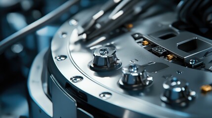 Poster - Close-up of a cleaning robotas charging contacts, with focus on the metal plates and connection points.