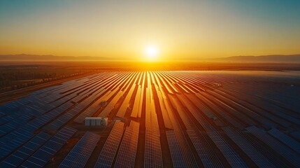 Poster - AERIAL Top view of huge power plant and solar panel Aerial view of Solar Power Station Panels Fields Green Energy at Sunset : Generative AI