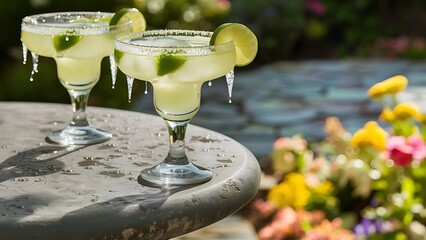 Close up view of cold margarita cocktails with pieces of lime on grey tabletop