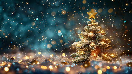 Aufkleber - Small decorated christmas tree standing on snow with sparkling lights falling in the background
