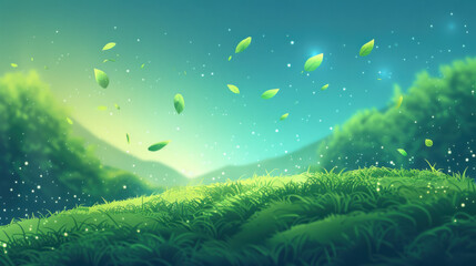 Poster - A green field with leaves flying in the air