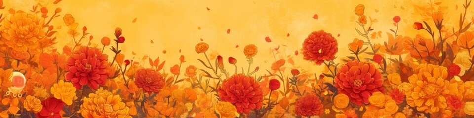 Vibrant Marigolds: Cross-Cultural Celebration Abstract. Watercolor-Style Illustration for Mid-Autumn Festival, Diwali, and Día de Muertos. Minimalist Orange and Red Floral Design on Soft Yellow Backgr