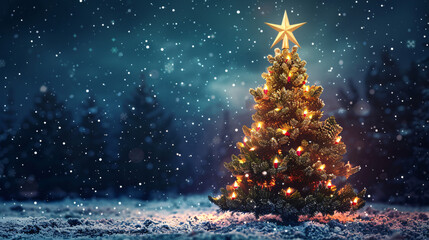 Poster - Snowy forest at night with a christmas tree glowing with lights, evoking a magical holiday ambiance
