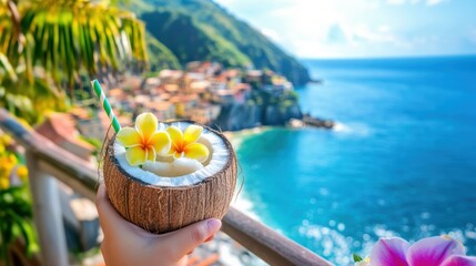 Tasty coconut drink with straw in hand in hot tropical summer