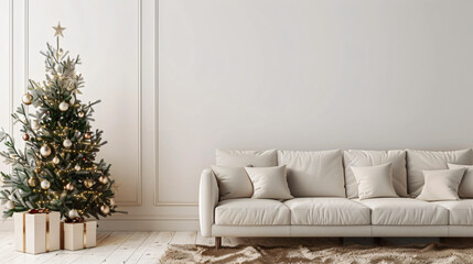 Aufkleber - Golden baubles adorned christmas tree in a well-lit living room with a white sofa