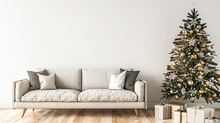 Poster - christmas decor in a contemporary living room with a tree, gold ornaments, and presents