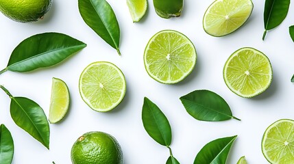 Poster - Lime fruits with slices and green leaves isolated on white background Top view Flat lay : Generative AI