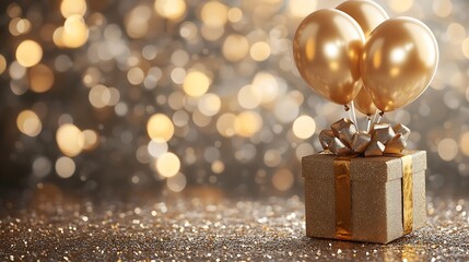 Golden gift box and balloons on a shimmering backdrop Realistic background for a very fun birthday celebration : Generative AI