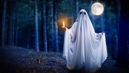 gghost with candle in the night forest halloween background