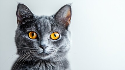 Poster - A grey cat with yellow eyes is sitting on a white background The cats eyes are wide open giving it a curious and alert appearance : Generative AI
