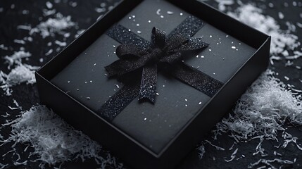 Aufkleber - Black gift box with shredded paper on a black background top view : Generative AI