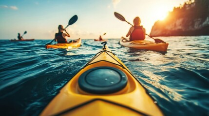 People kayaking in tropical sea water with warm sunlight