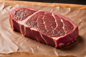 Wall Mural - A thick cut raw new york strip steak with clear marbling placed on butcher paper, AI Generated