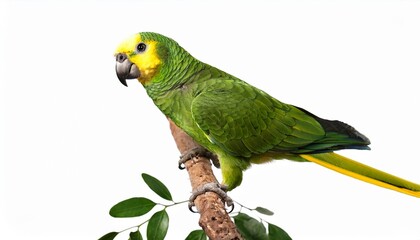 a green parrot with yellow tail feathers perches on a branch with a few leaves isolated on white background