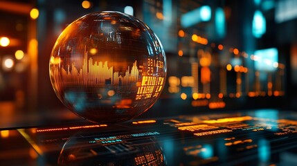 Poster - Reflection of financial numbers and graph on glass globe : Generative AI
