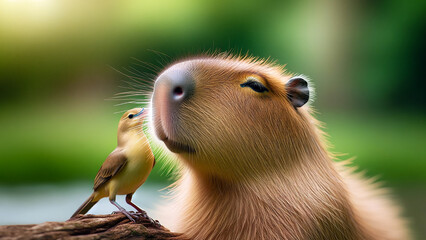 capybara with a bird playfully tugging at its fur.