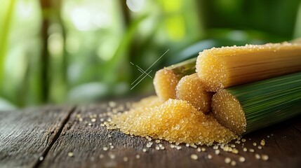 Poster - Brown sugar with fresh sugar cane on wooden table with sugar cane plantation farming background : Generative AI