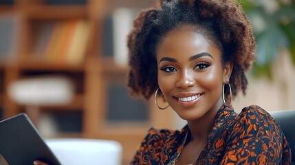 Fototapete - Portrait lawyer and black woman with tablet smile and happy in office workplace African attorney technology and face of professional female advocate and legal advisor from Nigeria in l : Generative AI