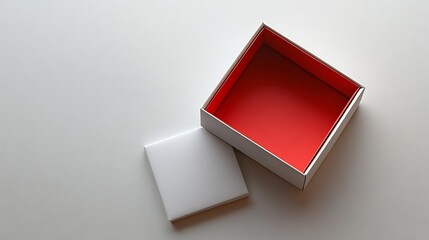 Poster - White square gift box mockup on white background harsh shadows red inside From above top view minimalist concept mock up luxury : Generative AI