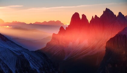 Wall Mural - beautiful atmospheric red morning lights between the mountain tops of the austrian dolomites