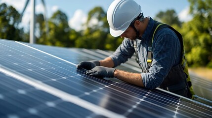 Aufkleber - Engineer working for alternative energy farm  Wind turbine and solar panels concept  Focus on helmet : Generative AI