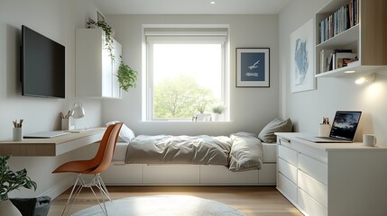 Wall Mural - Bedroom with a single bed white wooden furniture a desk with a folding chair and a flat tv above it : Generative AI