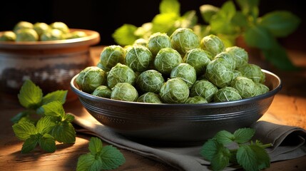 Sticker - Close up image of a bowl of Brussels sprouts on a cement counter. 