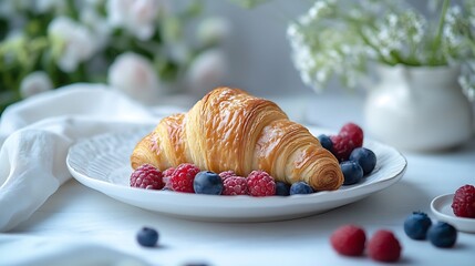 Aesthetic breakfast with croissant and berries on beautiful dishes and white linens : Generative AI