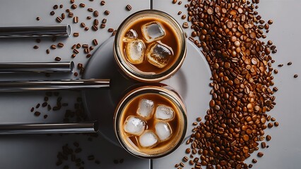 Top view of ice coffee in glass jars near straws, coffee grains and ice cubes on grey background