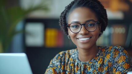 Poster - A professional businesswoman with glasses smiles while working at her office desk using a laptop and calculator Focus on paperwork and productivity in a corporate setting : Generative AI
