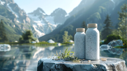 Two white bottles with wooden tops sit on a rock with greenery and pills in front of a mountain lake.