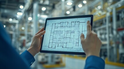 Poster - Hands architect and tablet for blueprint in logistics warehouse for building design and expansion Contractor people and scrum on app for floor plan review or meeting in factory for sup : Generative AI