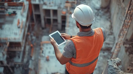 Sticker - Confident male civil engineer wearing safety vest with white helmet standing and holding tablet working at factory or construction site making precast concrete wall for real estate hou : Generative AI