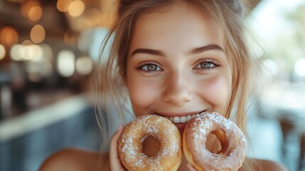 Portrait of a cheerful pretty girl eating donuts Close up portrait of a funny pretty girl holding donuts at her face in the cafe : Generative AI