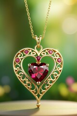 A beautiful golden heart shape pendant hanging naturally on a chain with a ruby