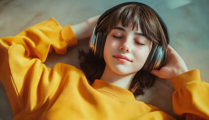 girl with headphone lying on the floor