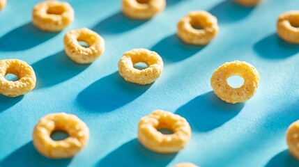 Poster - Macro close up detail of single honey cheerios cereal isolated on blue with shadow : Generative AI